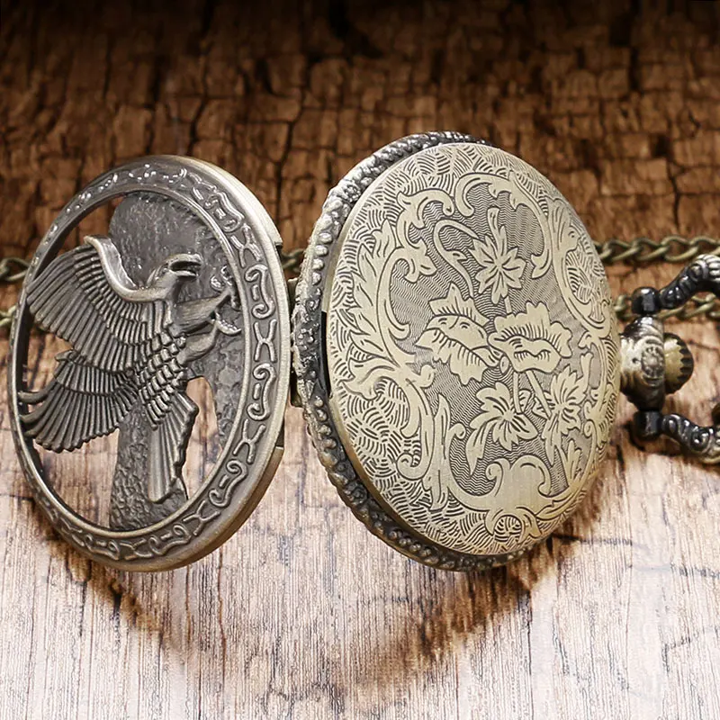 

Antique Bronze Double Eagle Hollow Quartz Pocket Watch With Chain Necklace Best Birthday Gift