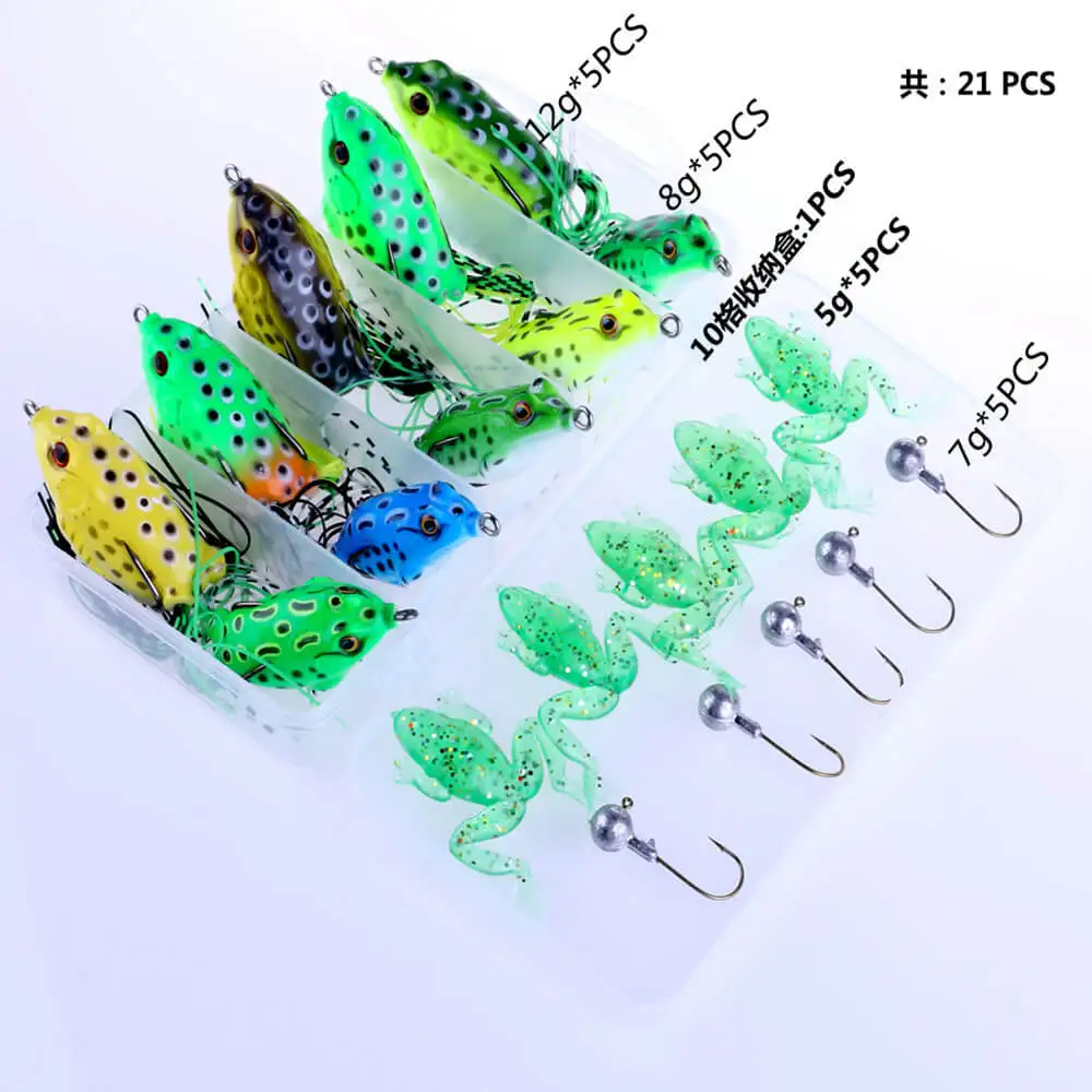 

21pcs/box Assorted Bionic Frog Fishing Lures Hook Tackle Box Soft Rail Frog Crankbaits Swimbait Plastic Topwater Floating Tackle