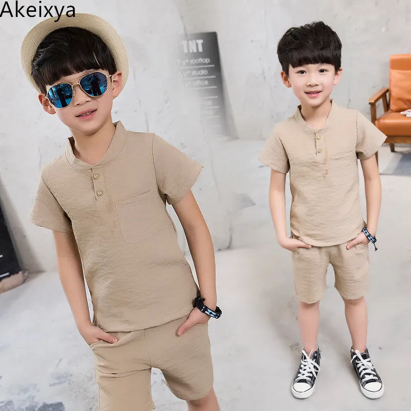 Akexiya New boys clothes short sleeve T-shirt+shorts 2pcs set O-neck multicolor clothing solid gray children |