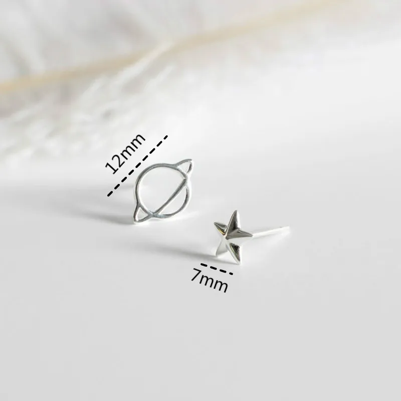 

100% 925 Sterling Silver Asymmetry Planet Star Stud Earrings For Women Simple Fashion Party Jewelry Flyleaf