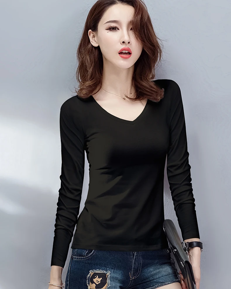 Женская футболка с длинными рукавами на осень и зиму черные облегающие топы в