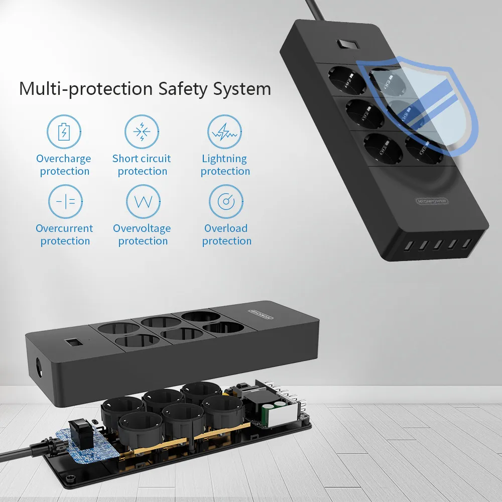 Фото Сетевой фильтр NTON Smart POWER Strip с несколькими разъемами 5 usb-разъемов, защита от перенапряжения-1.5 м шнур питания, настенное зарядное устройство, ... №3