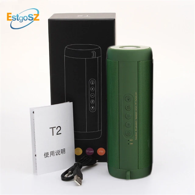 green with box EStgoSZ T2 Bluetooth водонепроницаемый беспроводной динамик усилитель стерео Открытый Портативный 1800MA HIFI динамик s светодиодный - Цвет: green with box