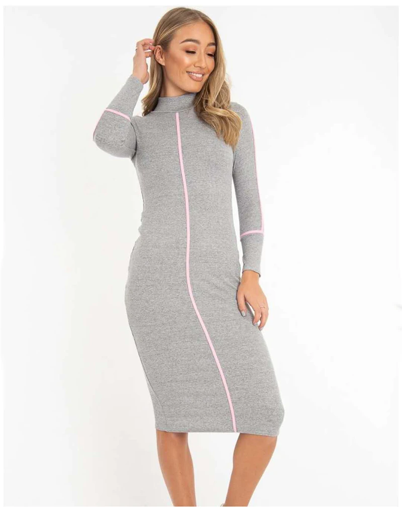 Женское сексуальное облегающее платье NewAsia,, розовое, с длинным рукавом, контрастная полоска, с высоким воротником, повседневное, длинное, элегантное, Осеннее, черное