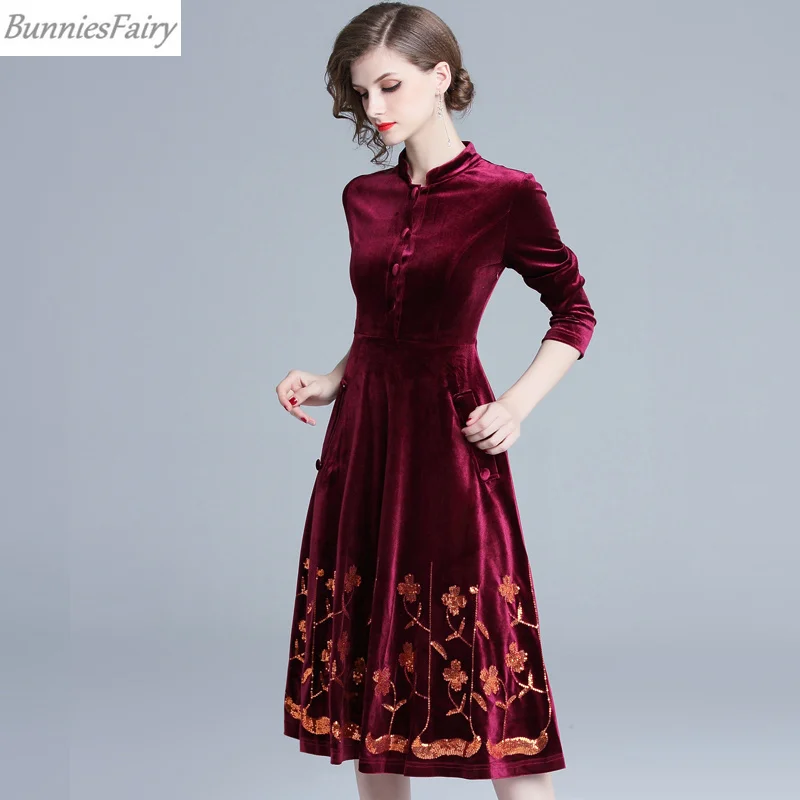 BunniesFairy 2019 весеннее женское винтажное вельветовое платье средней длины с