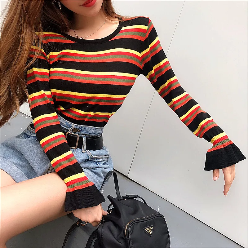 Autumn Outfit New Fashion Pullovers Contrast Color Rainbow Striped Multicolored Knit Sweater Women Flare Sleeve Pull Femme | Женская