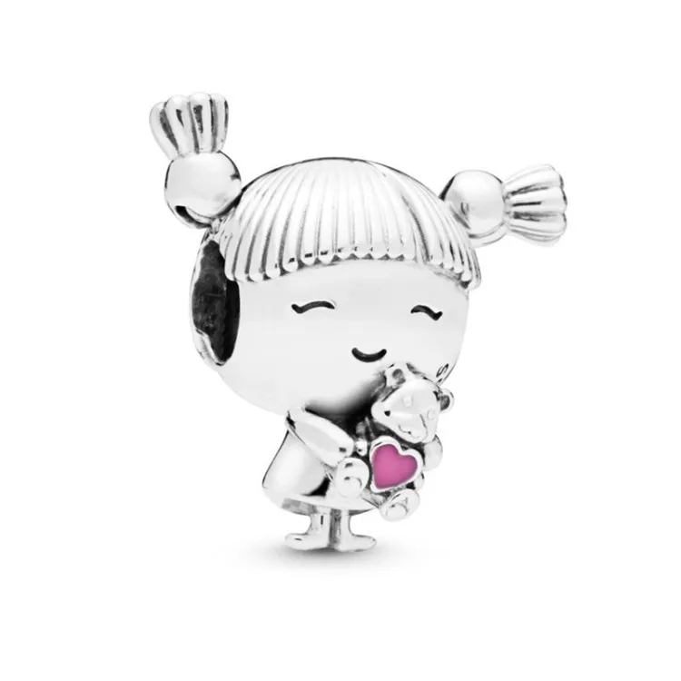 Подходит для браслета Pandora, серебро 925, оригинальное, милое сердце, медвежонок, конский хвост, для девушек, бисер S925, милый, розовый, эмаль, подвеска для дочери, подарок