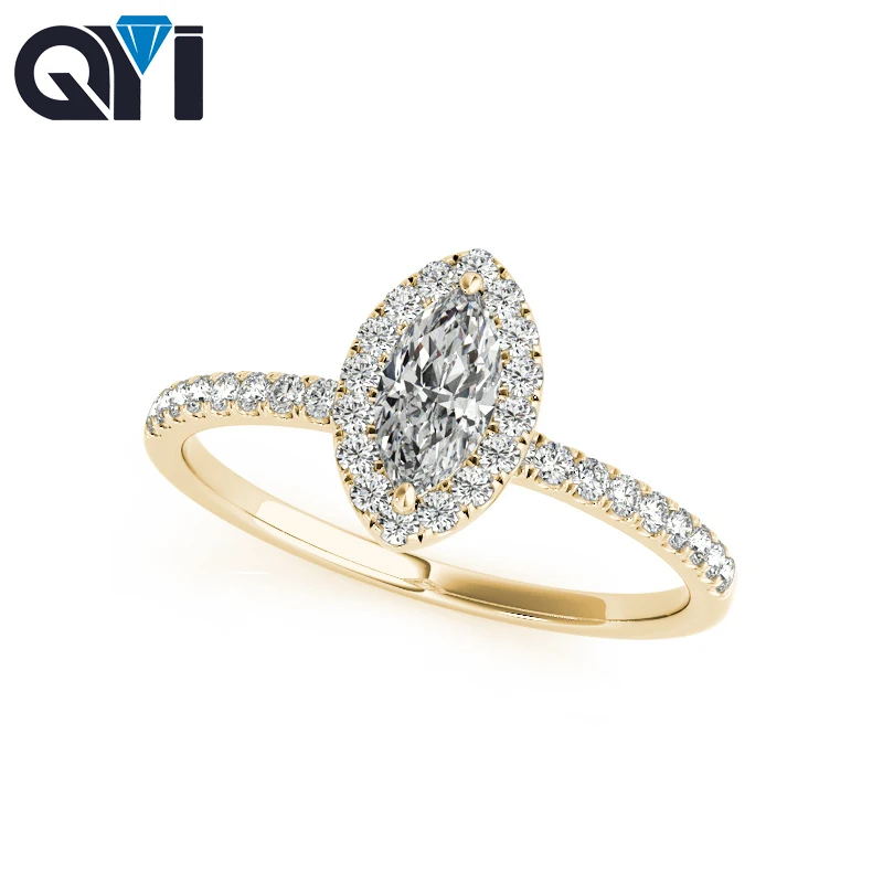 QYI Halo Кольца для женщин 14 k желтое золото 1,2 ct огранка маркиз обручальное кольцо с искусственным бриллиантом однорядное кольцо
