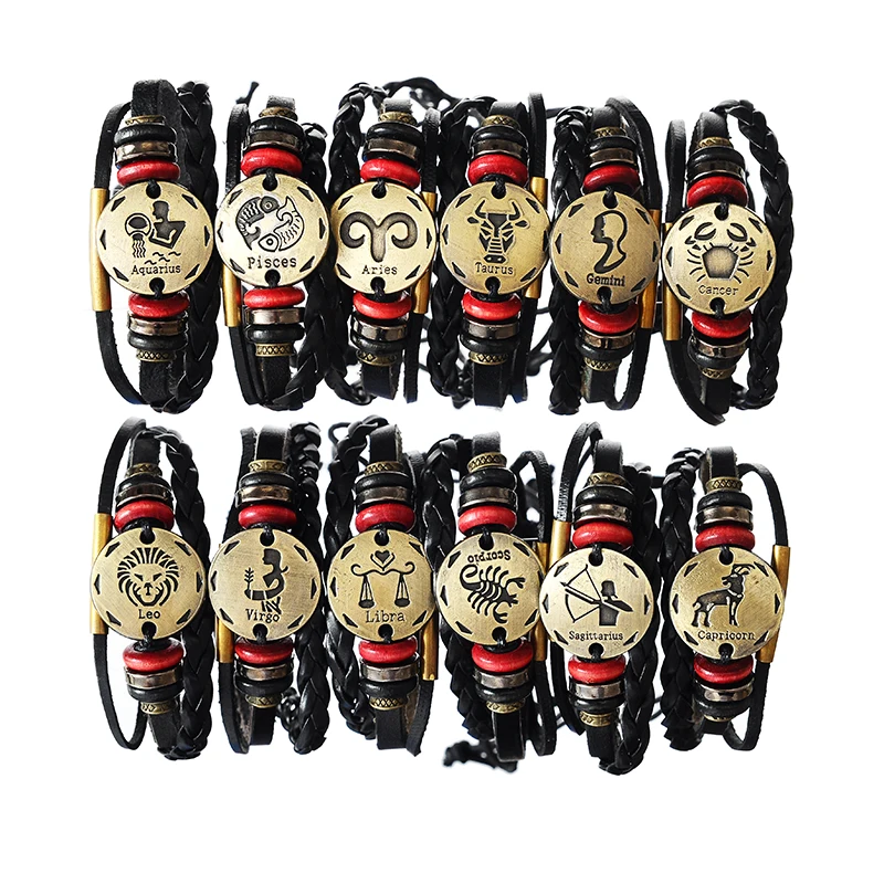 Кожаный браслет для мужчин с 12 созвездиями мужской многоуровневый регулируемый