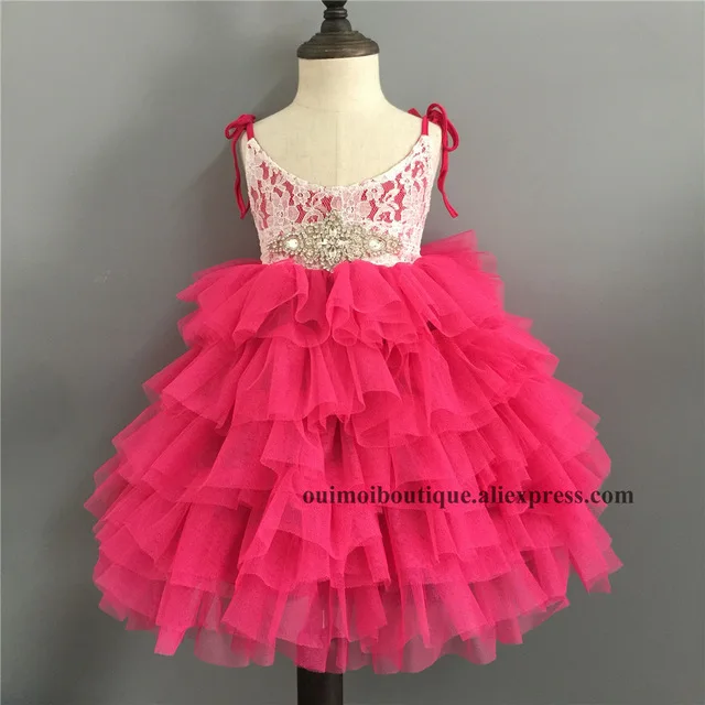 hot pink Розничная ; кружевное длинное платье на бретельках для девочек цвета шампанского; летнее многослойное платье принцессы без рукавов; торжественное длинное платье для дня рождения, свадьбы - Цвет: hot pink