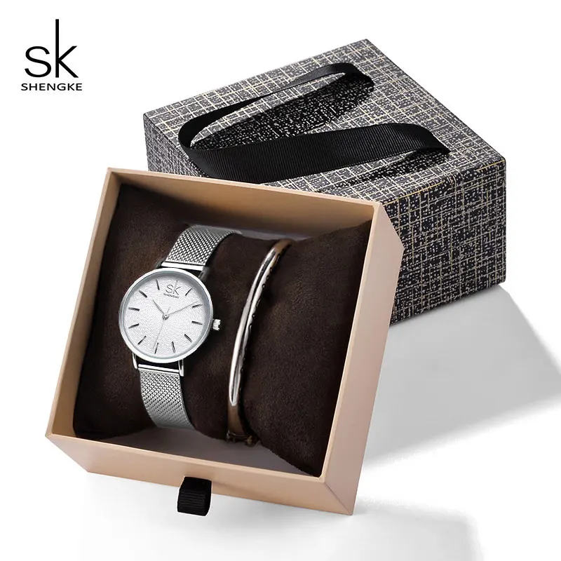K0006 silver bangle Shengke, розовое золото, женский набор с кристаллами, Роскошные Кварцевые часы, дамский браслет, часы, набор,, SK, женский подарок на день для женщин - Цвет: K0006 silver bangle
