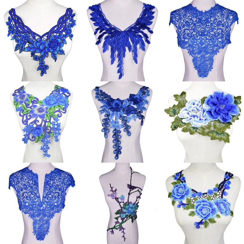 1 шт. вышитые синяя кружевная ткань воротник с аппликационной вышивкой шить на