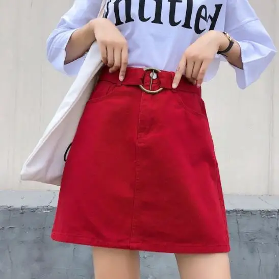 Летние женские джинсовые юбки ярких цветов трапециевидный ремень Harajuku Jupe Mujer с