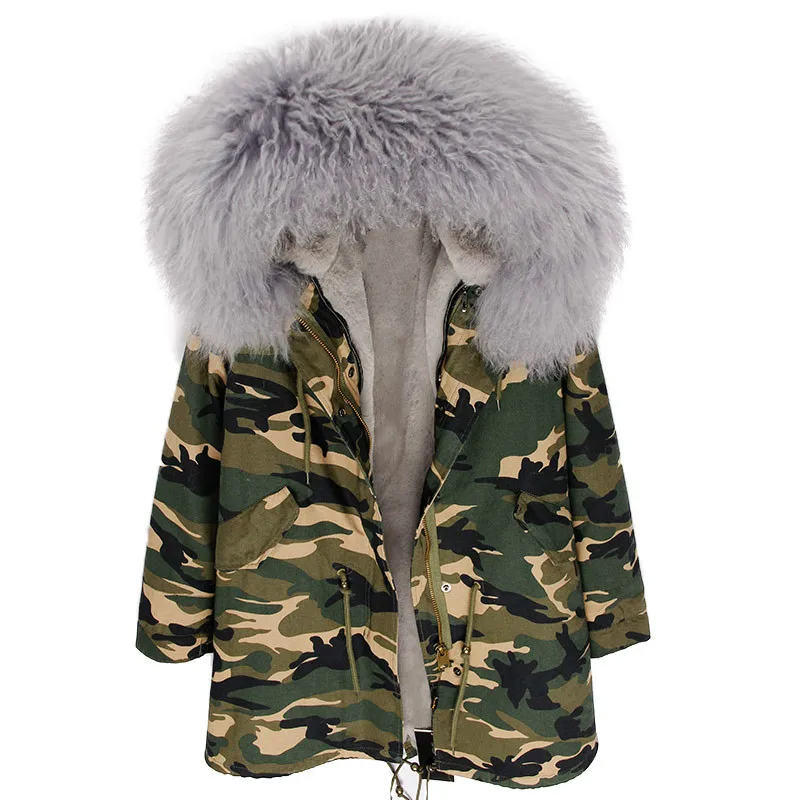 camouflage grey Натуральное меховое пальто OFBUT зимняя куртка женская длинная парка натуральный монгольский овечий меховой капюшон, воротник Толстая теплая уличная Фирменная Новинка - Цвет: camouflage grey