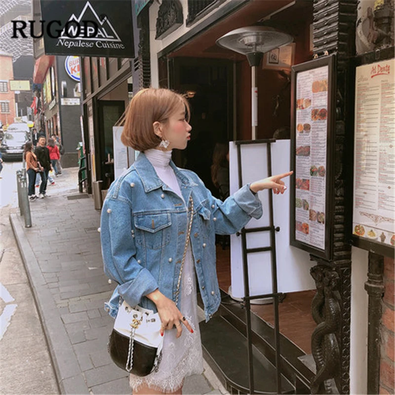 RUGOD, новинка, элегантная джинсовая куртка с надписью Love и бисером, Женская Повседневная ВИНТАЖНАЯ ДЖИНСОВАЯ КУРТКА с карманами, женские джинсы, базовое пальто Befree