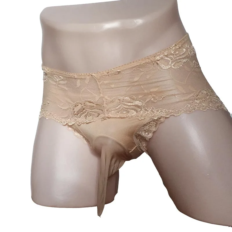 Beige Sheath Размера плюс сексуальное прозрачное кружевное Для мужчин Сисси краткое стринги Нижнее белье с шелковистой пенис багажник оболочка Фетиш Нижнее Белье - Цвет: Beige Sheath
