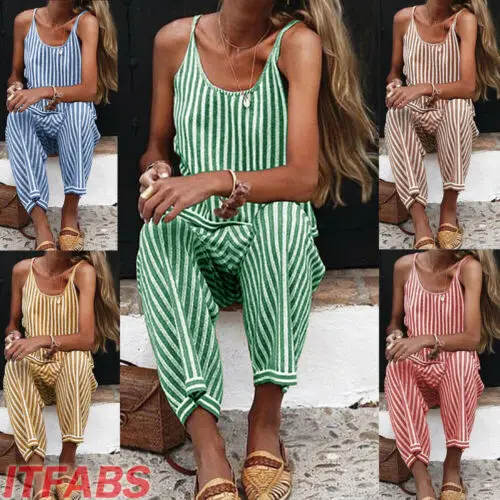 Женские летние комбинезоны в полоску с высокой талией и V-образным вырезом |