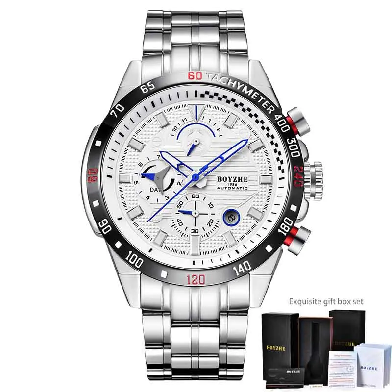 White Silver add Box Мужские спортивные автоматические часы BOYZHE из нержавеющей стали с хронографом, мужские механические часы с автоматической датой, роскошный бренд, montre homme - Цвет: White Silver add Box