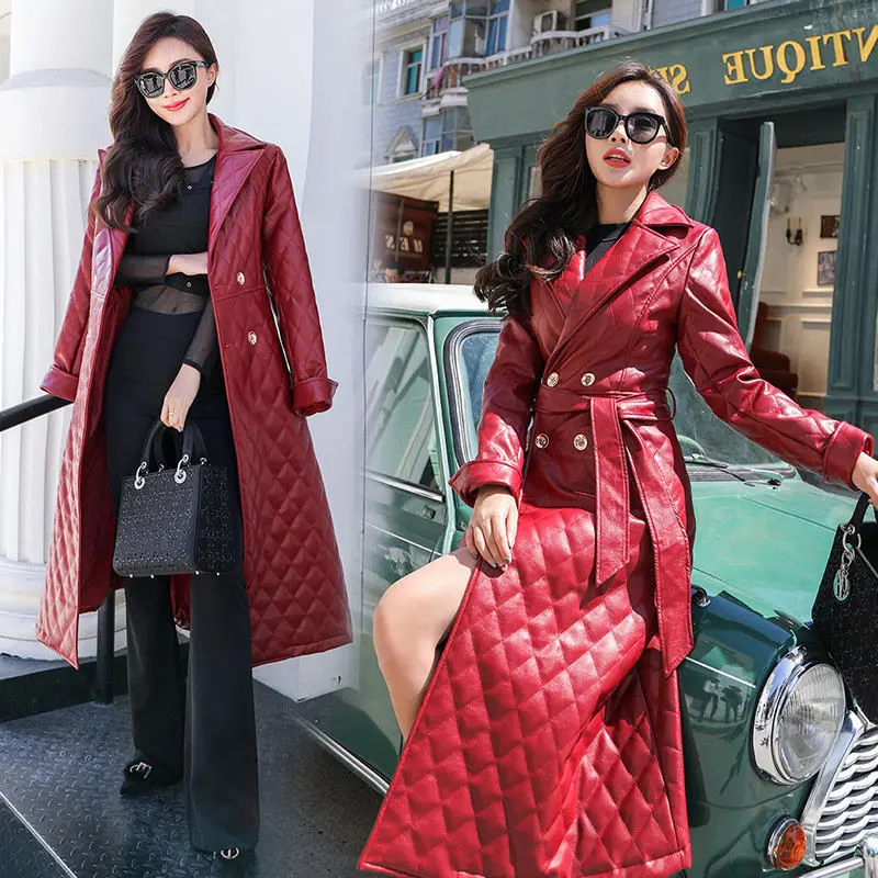 wine red quilted coa Осень, черная кожаная куртка, женская модная стеганая куртка, пальто, женские Куртки из искусственной кожи, Женский Длинный плащ, ветровка - Цвет: wine red quilted coa