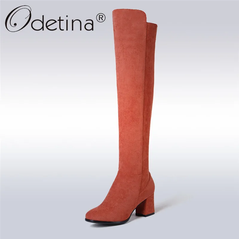Odetina/осенне зимние новые модные сапоги выше колена из флока женские на высоком