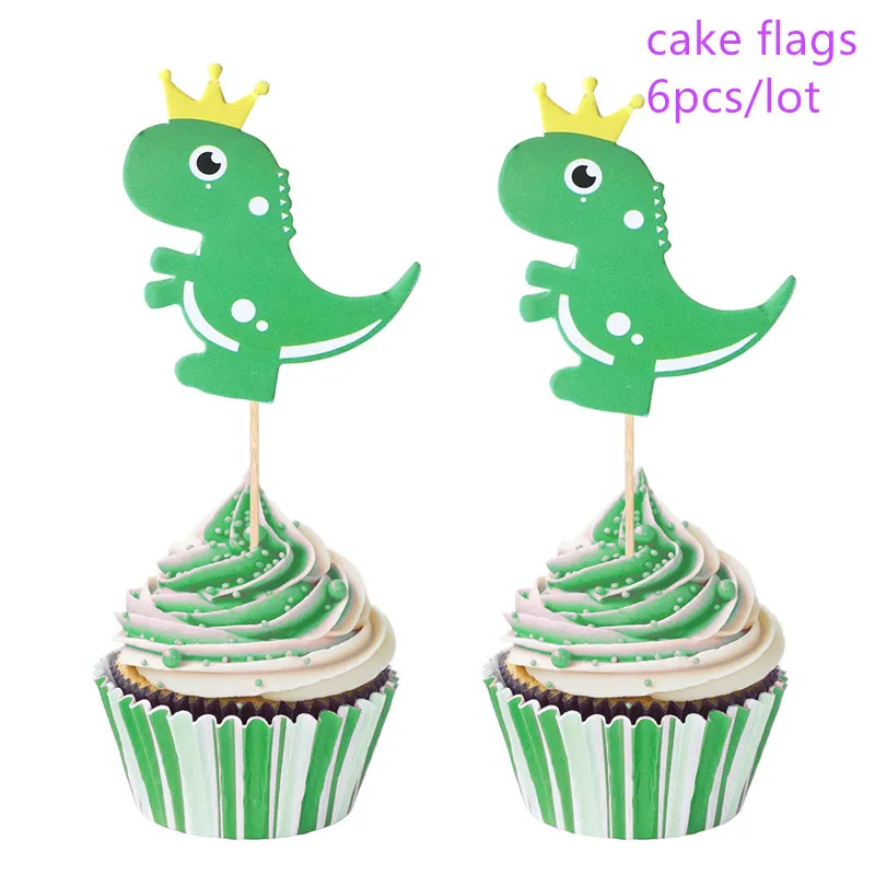 6pcs D cake flags Вечерние столовые приборы с рисунком динозавра для дня рождения, украшения для детей и взрослых, бумажные тарелки, чашки, скатерть, воздушные шары, соломенные вечерние принадлежности - Цвет: 6pcs D cake flags