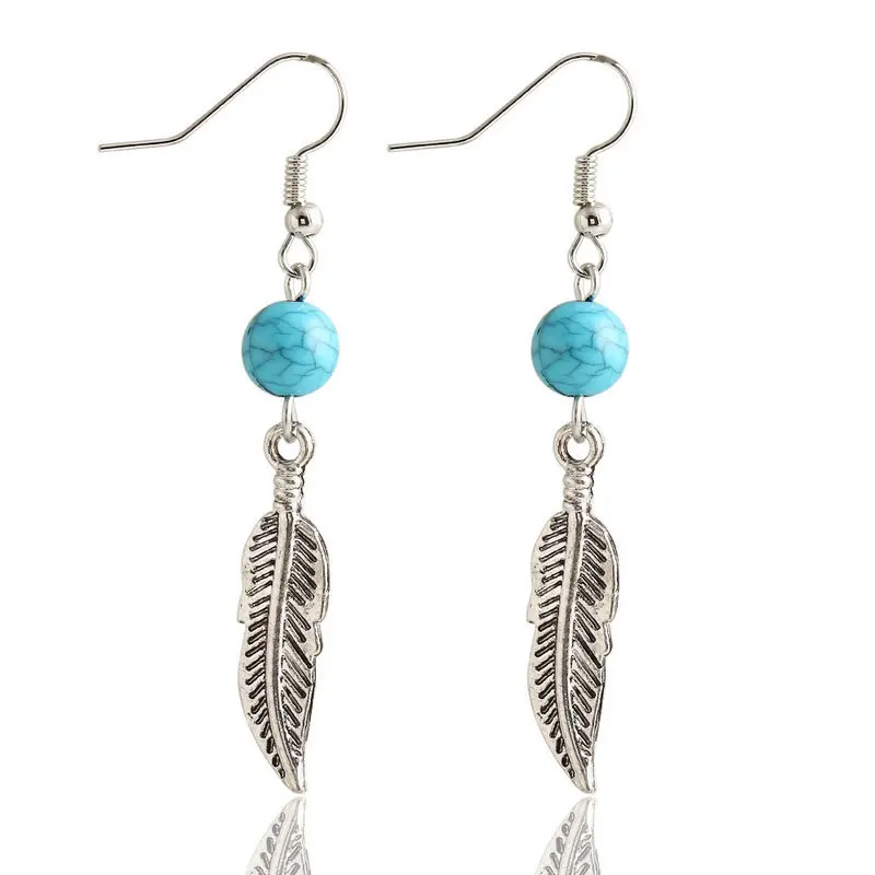 Серьги-капельки Vintage Blue Stone Feather с серебряным покрытием и длинными листьями для женщин, оптовая продажа украшений (brincos).