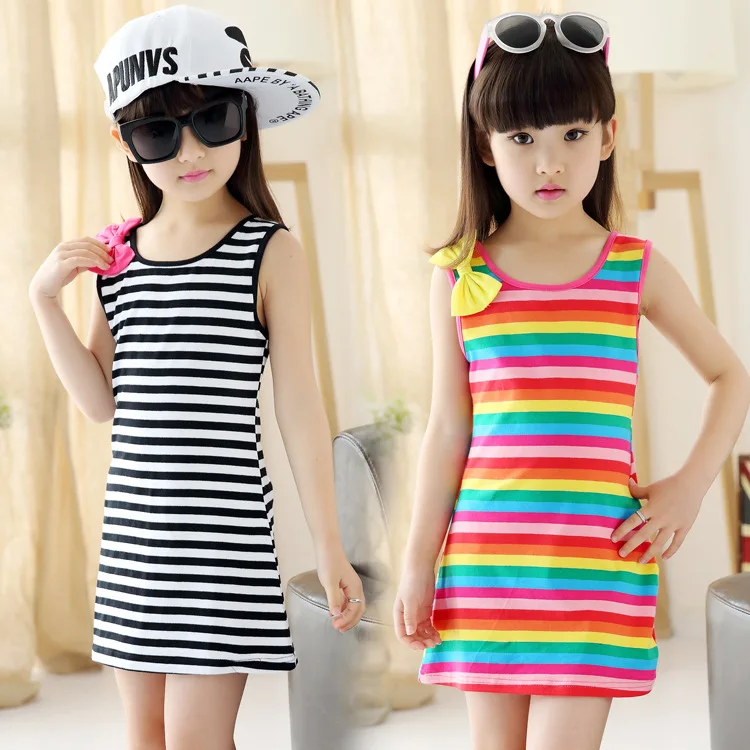 2020 New Summer Casual Cotton Girl Dress Sleeveless Baby Girls Clothes Flowers stripe Dresses Vestido Infantil Kids | Детская одежда и