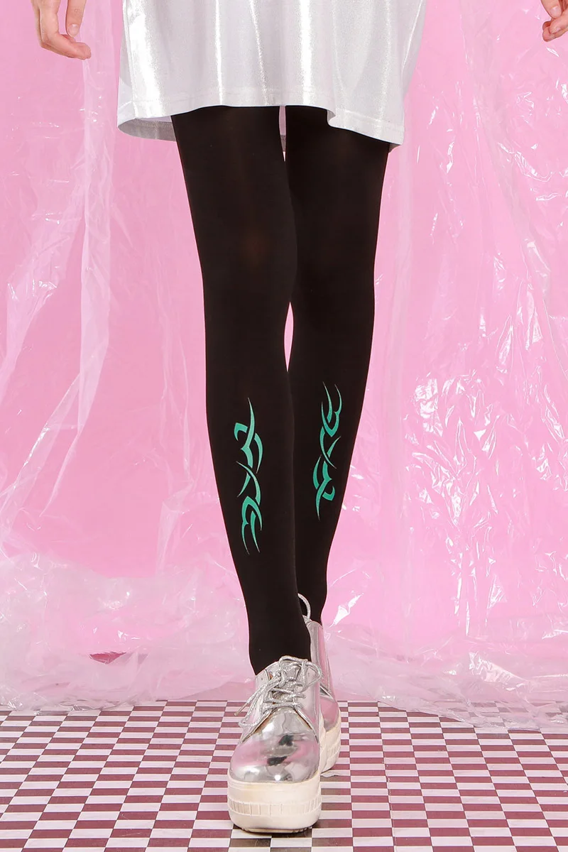Темно зеленые колготки с тотемным принтом|Колготки| |