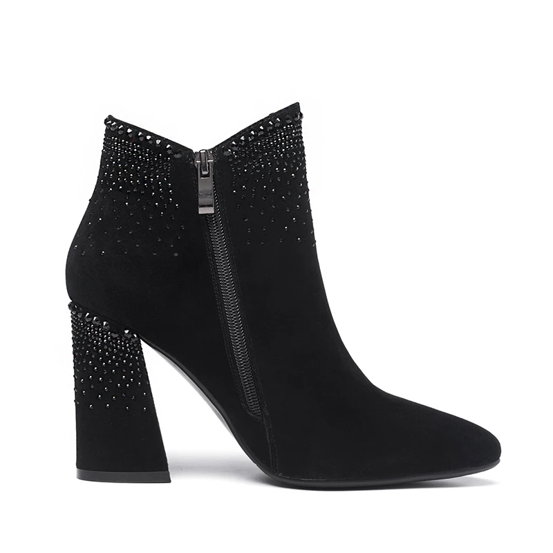 Ботинки женские замшевые черные с острым носком и кристаллами|dress boots|women dress