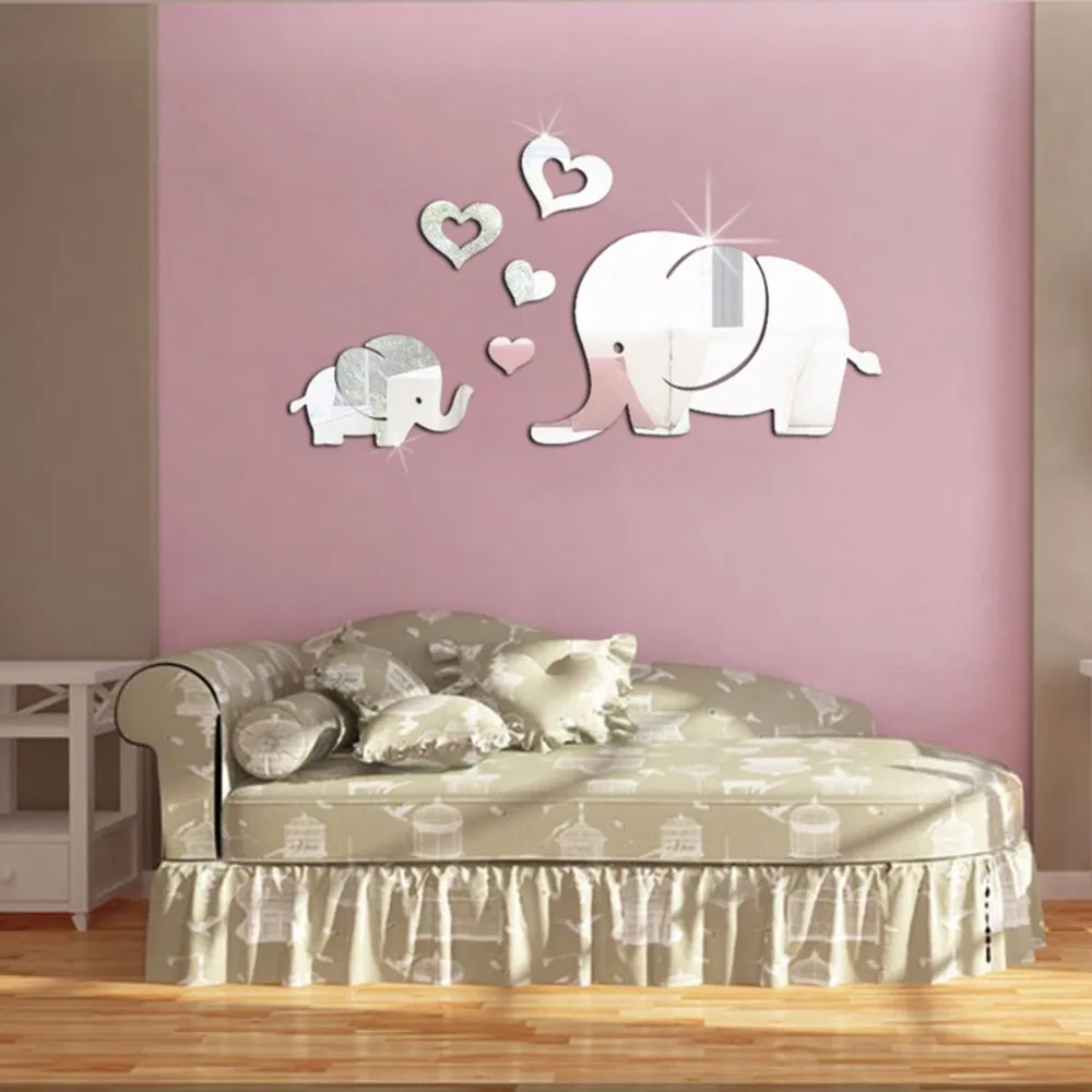 

Free Shipping 3D Mirror Acrylic Baby Mum Elephants Love Heart Wall Sticker Decal Decor Kids Home Decor Room Decals 4 colors