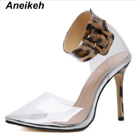 Leopard grain Aneikeh/ Новинка pvc женские босоножки прозрачные под змеиную кожу с Леопардовыми пятнами высокий тонкий каблук сандалии с закрытой пяткой на Туфли с ремешком и пряжкой деловая модельная одежда - Цвет: Leopard grain