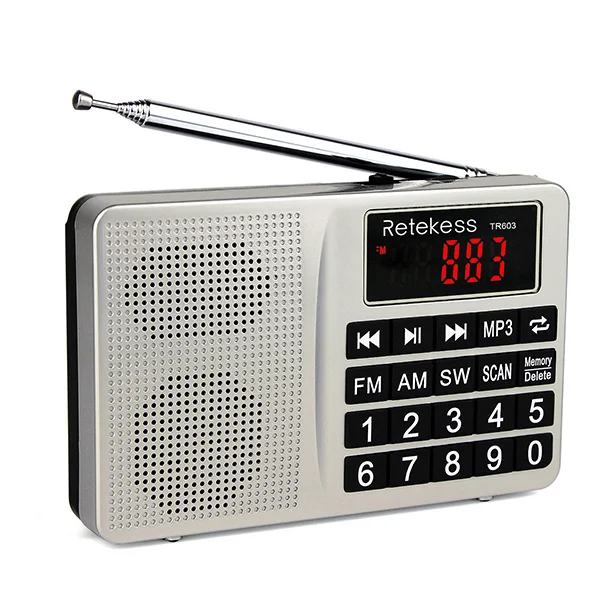 Портативный радиоприемник RETEKESS TR603, FM/AM/SW, поддержка Micro-SD карт, usb-драйвер, AUX вход, mp3-плеер, динамик с перезаряжаемой батареей