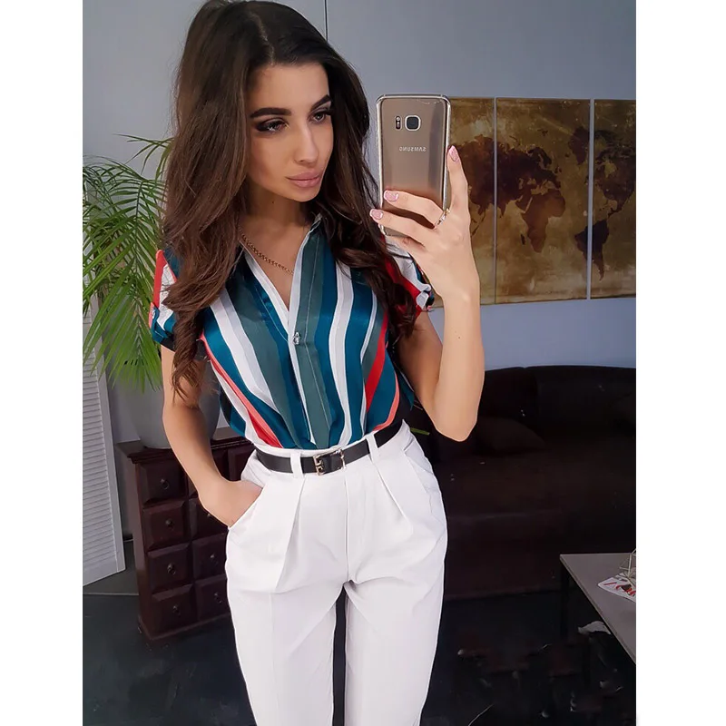 Для женщин полосатая блузка дамы короткий рукав v образным вырезом Сексуальная