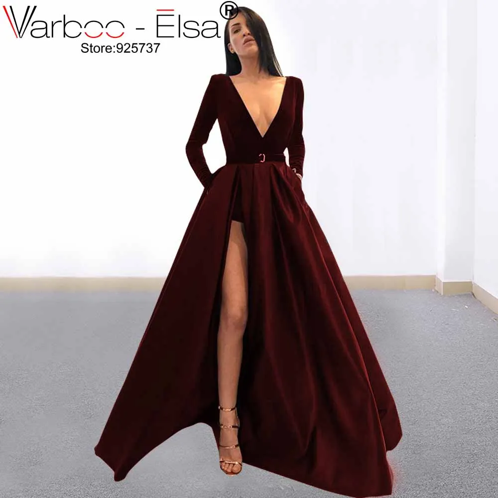 as pic VARBOO_ELSA сексуальное вельветовое платье с глубоким v-образным вырезом и длинным рукавом для выпускного вечера длинное платье для выпускного вечера es с высоким разрезом, Африканское Бордовое платье для выпускного вечера для девушек - Цвет: as pic