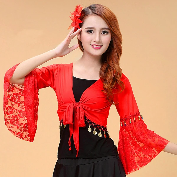 Женский топ для танца живота кружевной с рукавом до локтя и бабочкой V образным