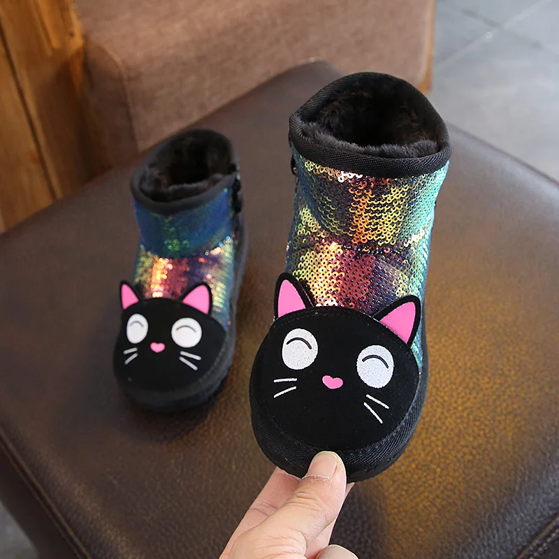 Зимняя обувь для девочек с милым рисунком кота и блестками плюшевые ботинки до 3