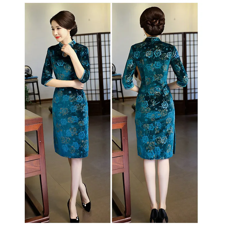 Cheongsam велюровое платье Ципао с принтом винтажные модные улучшенные Осенние Длинные платья Вечерние платья для мам и свадеб