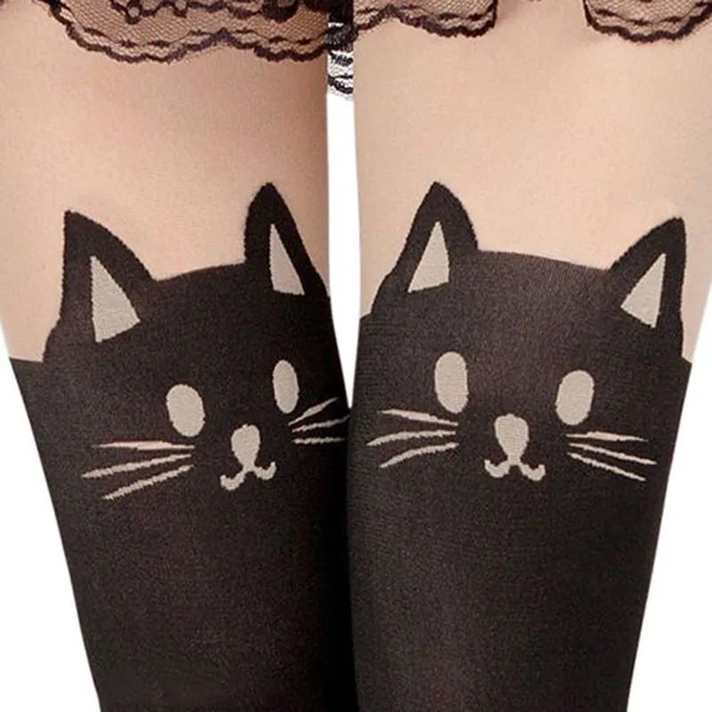 

Hot sale! Women Silk Stockings Pantyhose Ribbed Over Cute Cat Girl Charming black Sexy Stockings female velvet Cat Tail Printed