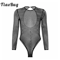 tiaobug fashion women one piece fishnet bodysuit see through sheer long sleeve high cut leotard club party sexy jumpsuit teddy