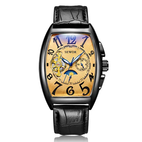 SEWOR Tourbillon автоматические механические часы мужские дизайнерские Moonphase квадратные кожаные часы с скелетом Авто Дата деловые часы - Цвет: 8 without box