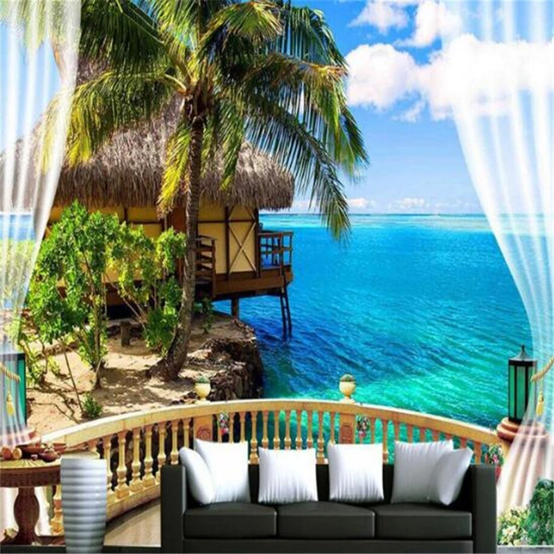 

beibehang 3d large wall mural wallpaper HD Balcony window beach sea palm hut holiday backdrop custom silk photo wallpaper