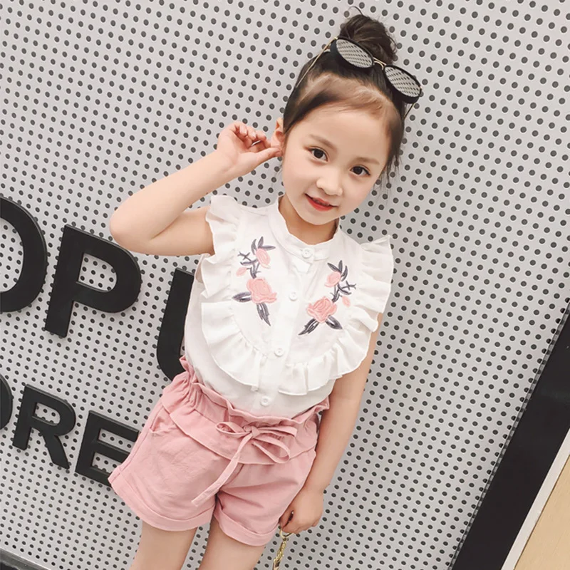 Girls Clothing Sets 2018 New Summer Sleeveless T-shirt+Shorts 2pcs Clothes Set Floral Blouse Costume Crianca Roupas | Детская одежда и