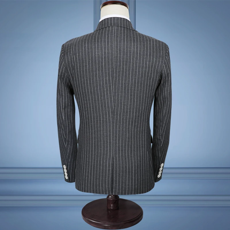 

High Quality Men's Gray Formal Suits Stripe Blazer Male Business Casual Wedding Party Dress Suits Suit Jackets+Pants+Vest 5XL