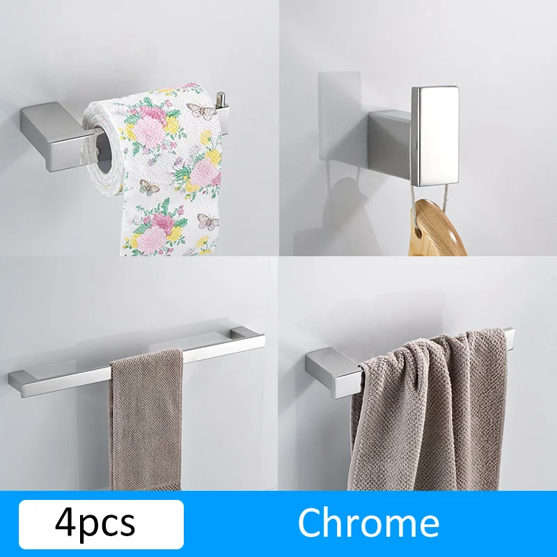 4pcs Chrome Матовый черный держатель для бумаги из нержавеющей стали для ванной комнаты, держатель для полотенец, держатель для зубных щеток, набор аксессуаров для ванной - Цвет: 4pcs Chrome