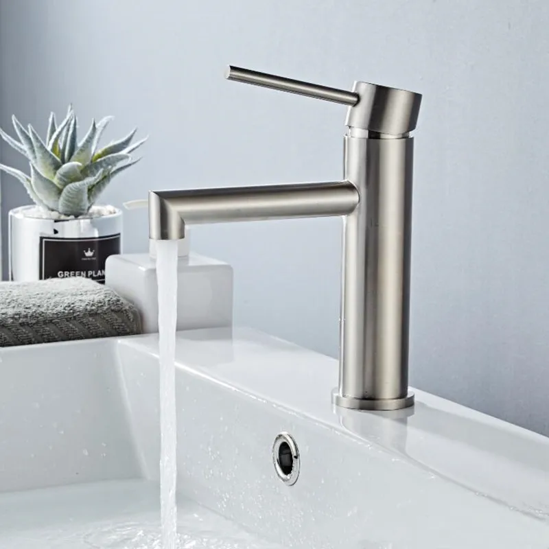 304 нержавеющая сталь Ванная раковина кран никелевая матовая одинарная ручка Soild