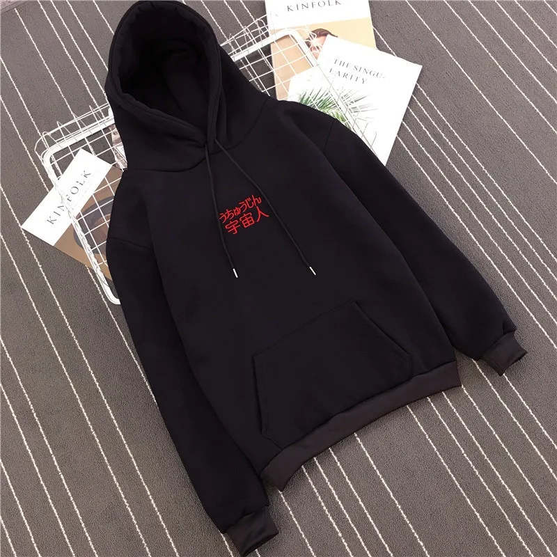 ROPALIA New Fashion Corduroy Sweatshirts Long Sleeves Chinese Letter Harajuku Print Girl Light Pullovers Tops Hooded Sweatshirt