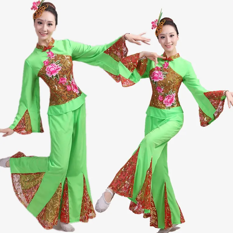 

Dance Costumes Sale Ancient Chinese Costume Chinese Traidtional Stage Performance Dance Fan Drum Clothes Costume 2018 Yangko
