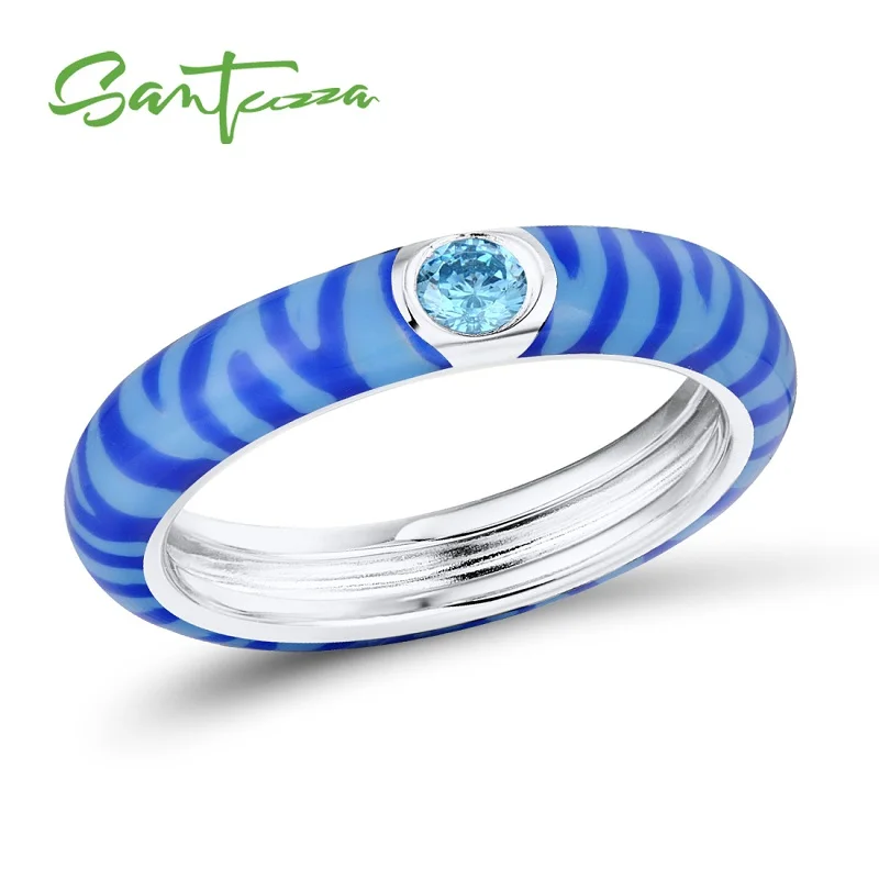 Blue Color SANTUZZA, серебряные кольца для женщин, красочные, Зебра, полоса вечности, кольца, 925 пробы, серебряные, вечерние, модные ювелирные изделия, эмаль, ручная работа - Цвет основного камня: Blue Color