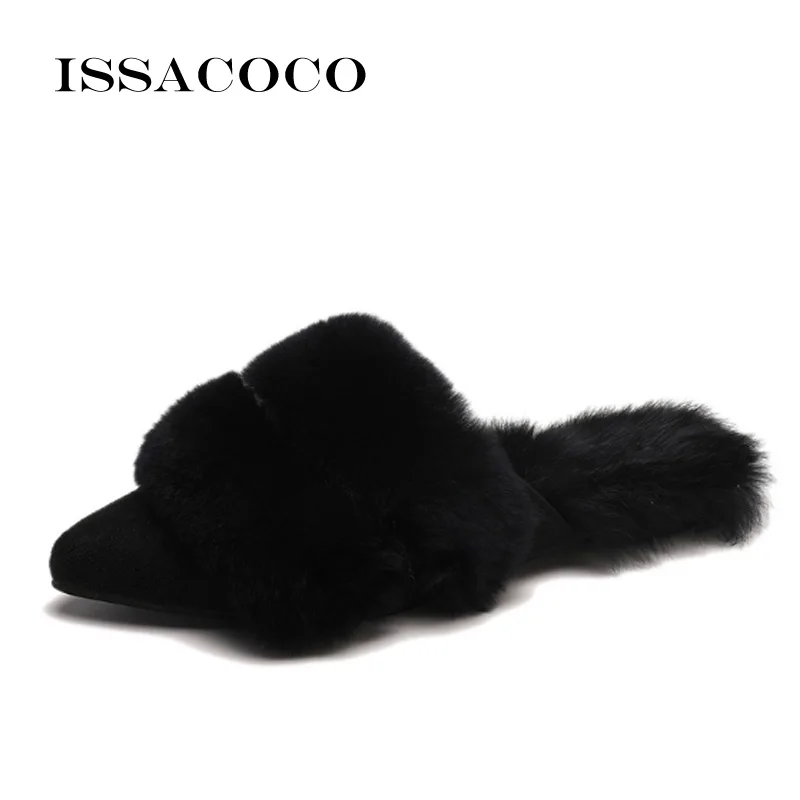 

ISSACOCO Women Winter Non-slip Flat Warm Cotton Fur Slippers Women Non-slip Flat Slides Slippers Women Furry Slippers Wholesale
