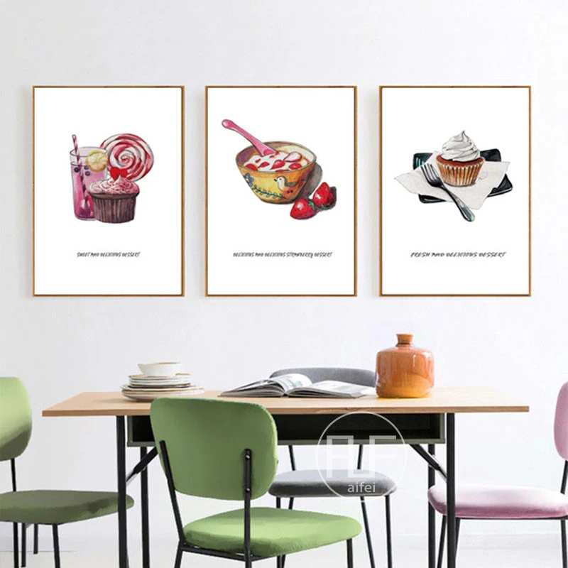 Modern Home Decoration Wall Art Pictures Cartoon Dessert Canvas Painting Watercolor Cake Nordic Poster For Coffee Shop Kitchen | Дом и сад
